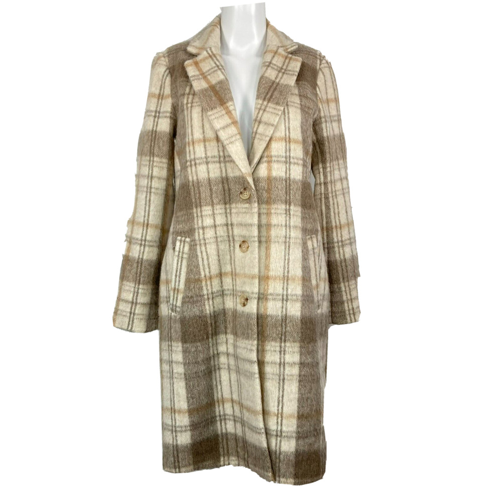 BB Dakota Steve Madden Coat Womens Sz XS Ivory Beige Plaid Overcoat Jacket